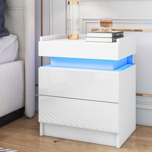 61Gfpokbh6L._AC_SL1200 LED Nightstand White Nightstand with Led Lights Modern Night Stand with 2 High Gloss Drawers Led Bedside Table Smart Nightstand for Bedroom 20.5” Tall