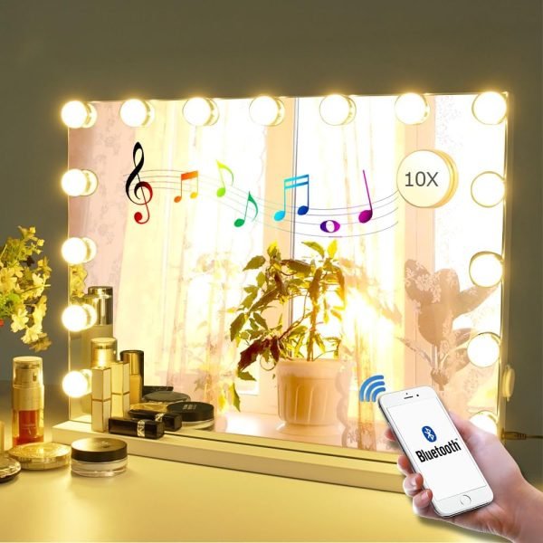 Vanity Mirror Makeup Mirror with Lights,10X Lens,22.8"x 18.1" Hollywood Lighted Vanity Mirror with 15 Dimmable LED Bulbs,3 Color Modes,Touch Control for Bedroom,Tabletop or Wall-Mounted