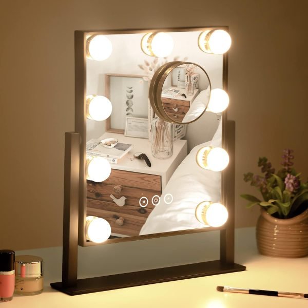 Vanity Mirror with Lights,Lighted Vanity Mirror with 9 Dimmable Bulbs for Dressing Room & Bedroom,3 Color Lighting,Modes Detachable 10x Magnification 360°Ratation(White)