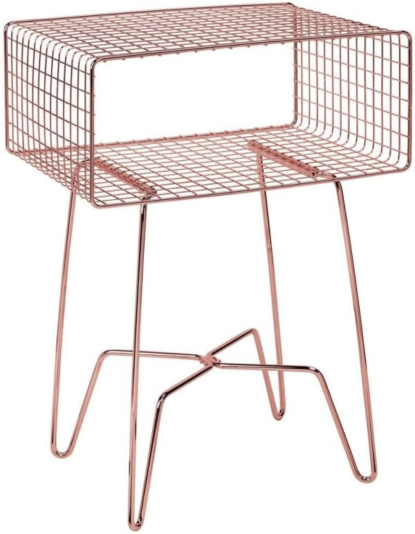 Modern Industrial Side Table with Storage Shelf, 2-Tier Metal Minimal End Table, Metallic Caged Grid - Accent Furniture for Living Room, Bedroom, Office, Dorm, Concerto Collection, Satin