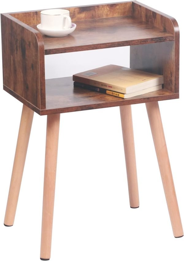 Nightstand, Mid-Century Modern Bedside Table with Solid Wood Legs, Adorable and Practical End Side Table with Open Storage Shelf, Fashion Bedroom Furniture Rustic Brown.