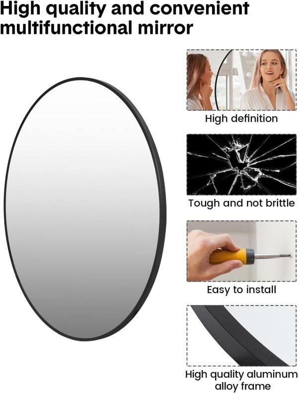 2024 New HD Eco-Friendly Round Mirror, Metal Framed Bathroom Mirror, Modern Cute Circle Mirror, Wall Mirror for Bathroom, Vanity, Living Room, Easy to Install, Matte Black (24 Inch)