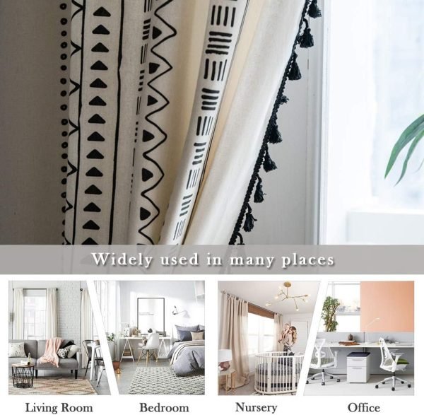 Geometric Semi-Blackout Window Curtains 2 Panels Boho Linen Room Darkening Curtains Tassels Rod Pocket Window Drapes for Bedroom Living Room(52" W x 63" L Pair, Cream)