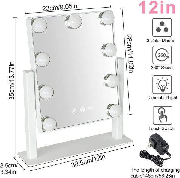 Makeup Vanity Mirror with Lights, 10X Magnification Hollywood Lighted Mirror with 9 Dimmer Led Bulbs, Plug in Light-up Beauty Mirror, Touch Screen Lighted Table Set Mirror, 360°Rotation(White)