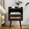 Nightstand,Boho Bedside Table,Black Night Stand with Rattan Decorated Drawers,Bedside Furniture, Wood End Table for Bedroom,Living Room,Natural
