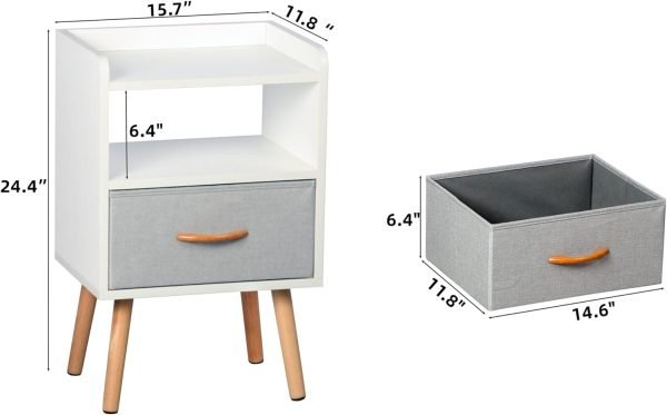 NightStand with Fabric Drawer, Bedside Table with Solid Wood Legs, Minimalist and Practical End Side Table with Open Storage Shelf for Bedroom, White.