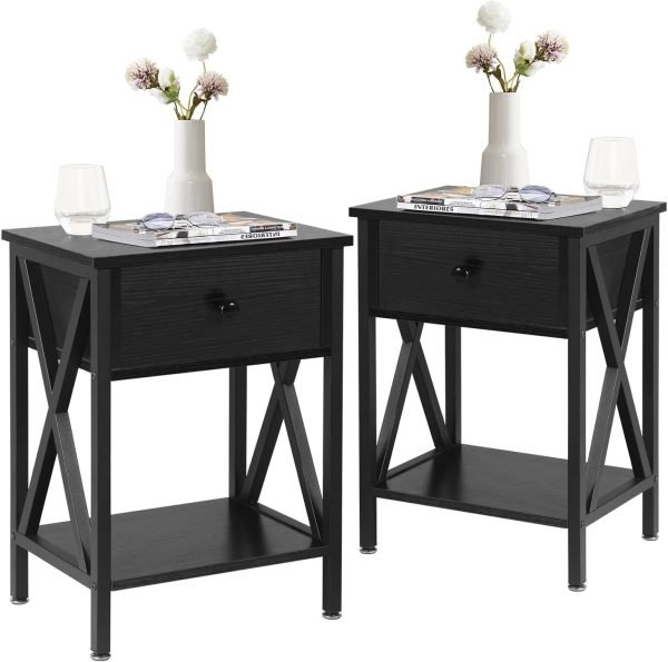 Nightstands, Modern End Side Tables,Night Stand with Drawer &Storage Shelf for Bedroom living Room Office Lounge, Black
