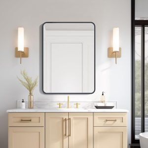 61arx1bPeVL._AC_SL1500 Black Bathroom Mirror 22 x 30 Inch, Matte Black Rectangle Mirror for Wall, Rounded Metal Frame Vanity Mirror