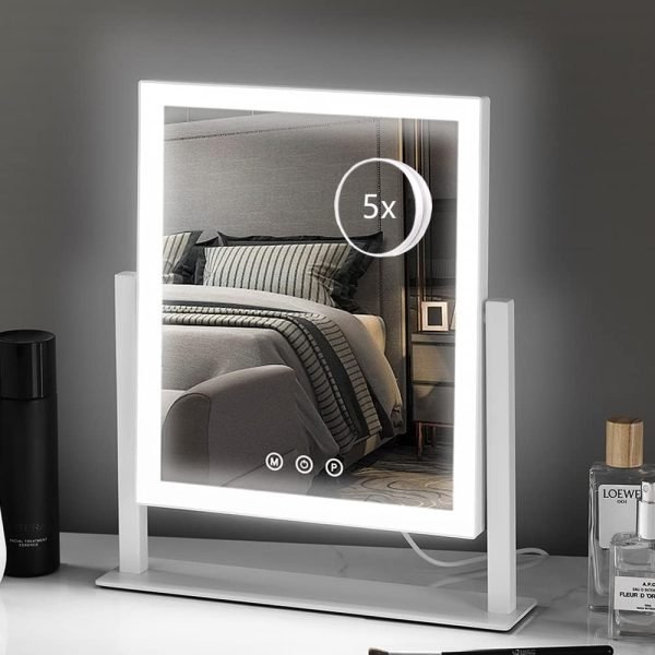 61dtjbuKTXL._AC_SL1000 Lighted Makeup Mirror, Hollywood Vanity Mirror with Lights, Three Color Lighting Modes, and 5X Magnification Mirror, Smart Touch Control, 360°Rotation (15.2in. White)