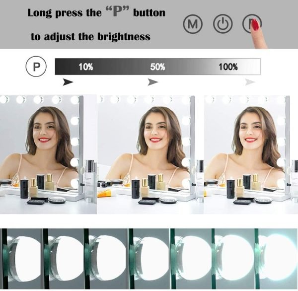 Vanity Mirror Makeup Mirror with Lights,10X Lens,22.8"x 18.1" Hollywood Lighted Vanity Mirror with 15 Dimmable LED Bulbs,3 Color Modes,Touch Control for Bedroom,Tabletop or Wall-Mounted