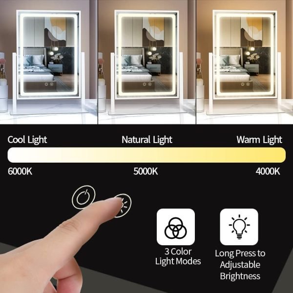 61jwj3MEwLL._AC_SL1000 Lighted Makeup Mirror, Hollywood Vanity Mirror with Lights, Touch Control 3 Color Lighting Modes for Bedroom, Detachable 10X Magnification Mirror, 360°Rotation (16 in, White)