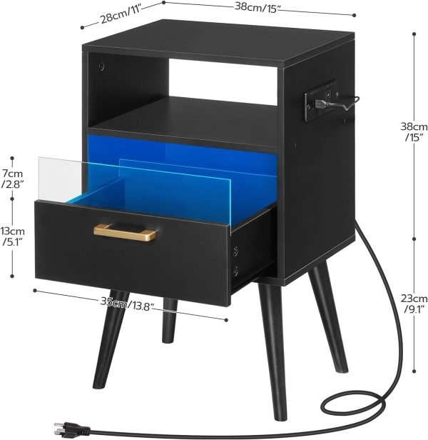 61kHbZn-3OL._AC_SL1500 Nightstand with Charging Station and LED Lights, Night Stands with Drawer, End Bedside Table with USB Ports & Outlets, Side Table for Bedroom, LED Nightstands, for Bedroom, Black BB01UDBZ01
