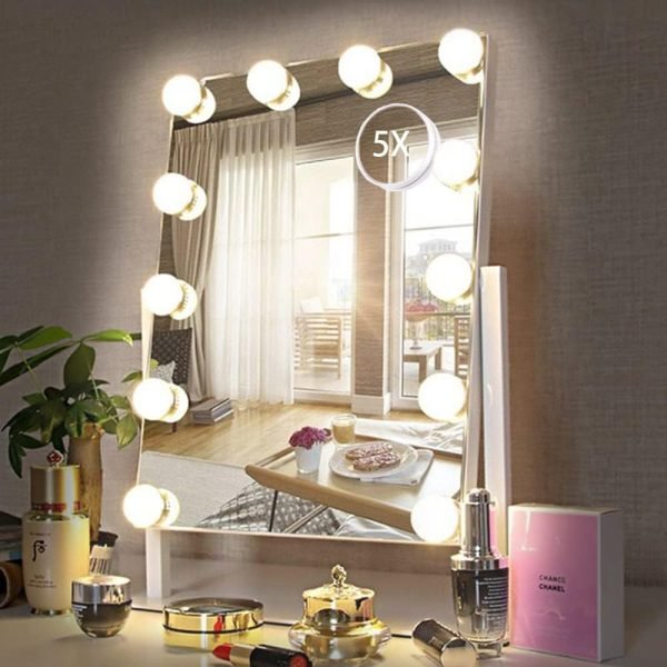 61l9lQpgl2L._AC_SL1000 Hollywood Vanity Mirror with 9 Dimmable Bulbs Lights, Three Color Lighting Modes, and 5X Magnification, Smart Touch Control, 360°Rotation (White,Gift Box)
