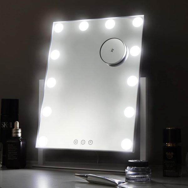 61lEmUsATHL._AC_SL1500 Lighted Makeup Mirror, Hollywood Vanity Mirror with Lights, Three Color Lighting Modes, and 5X Magnification Mirror, Smart Touch Control, 360°Rotation (15.2in. White)