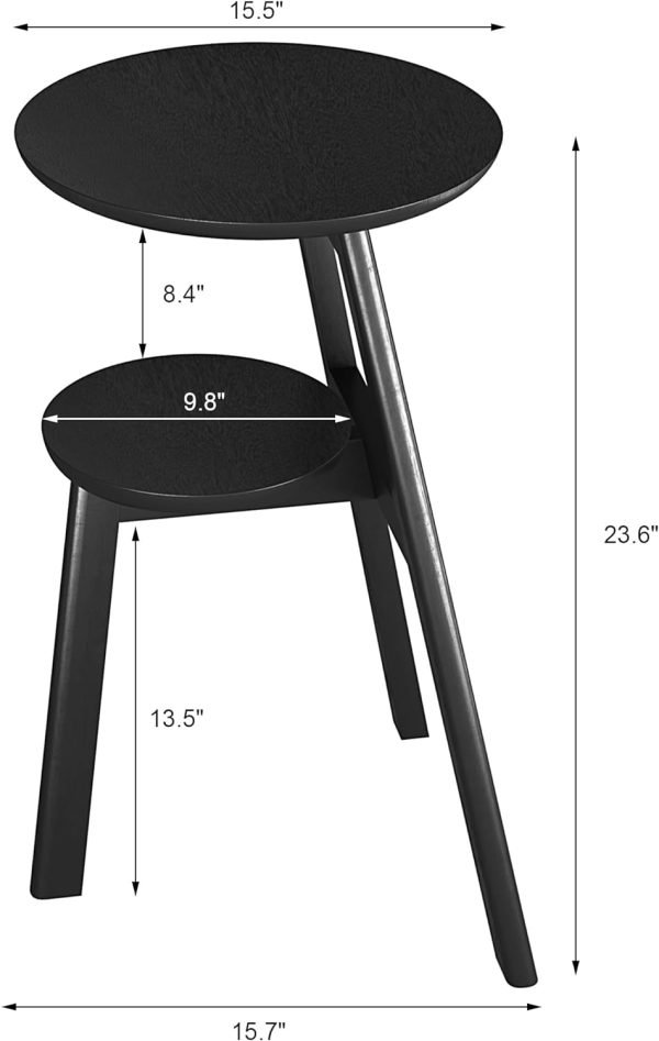 Round End Side Table, Accent Table with 2 Tier Shelves, Nightstand Bedside Table for Living Room Bedroom and Small Space, Black