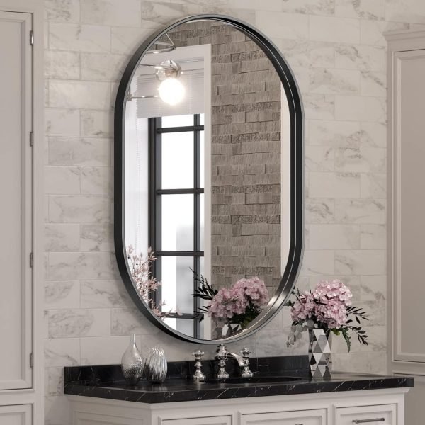 61oBCpCooEL._AC_SL1055 Black Oval Mirror for Bathroom Vanity 20x30 Inch, Matte Black Bathroom Mirrors for Wall Metal Frame, Wall Mounted Mirror for Bedroom Living Room Wall Decor Hang Vertical and Horizontal