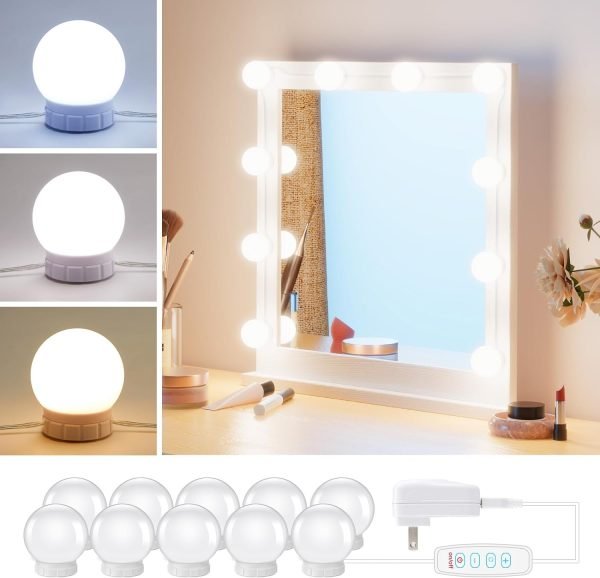 Hollywood Style Led Vanity Mirror Lights Kit - Vanity Lights Have 10 Dimmable Light Bulbs for Makeup Dressing Table and Power Supply Plug in Lighting Fixture Strip, White (No Mirror Included)