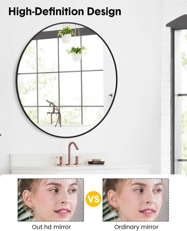 2024 New HD Eco-Friendly Round Mirror, Metal Framed Bathroom Mirror, Modern Cute Circle Mirror, Wall Mirror for Bathroom, Vanity, Living Room, Easy to Install, Matte Black (24 Inch)