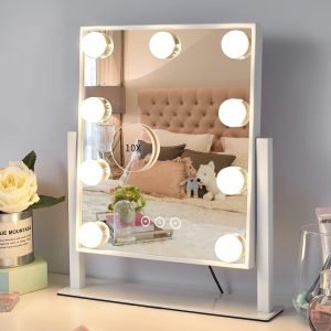 61sw0yLOv7L._AC_SL1200 Vanity Mirror with Lights,Lighted Vanity Mirror with 9 Dimmable Bulbs for Dressing Room & Bedroom,3 Color Lighting,Modes Detachable 10x Magnification 360°Ratation(White)