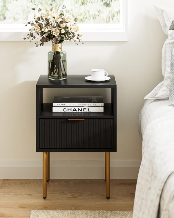 61t0iKWcKSL._AC_SL1500 Nightstand with Charging Station,Small Bedside Table with Gold Frame,White Night Stand,Bedside Furniture,Side Table with Drawer and Shelf for Bedroom,Living Room,Stripe