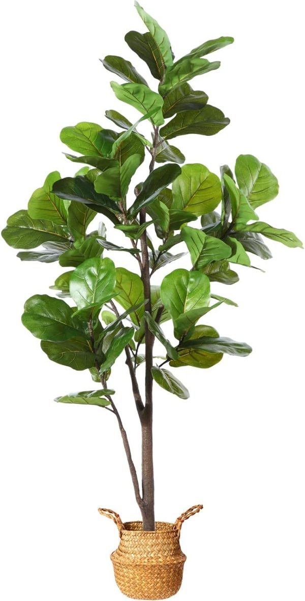 Artificial Fiddle Leaf Fig Tree 37" Fake Potted Ficus Lyrata Plant with Handmade Seagrass Basket, Perfect Faux Plants Home Décor for Indoor Outdoor Office Porch Balcony Bedroom Bathroom Gift