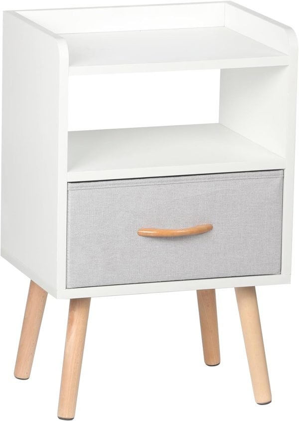 NightStand with Fabric Drawer, Bedside Table with Solid Wood Legs, Minimalist and Practical End Side Table with Open Storage Shelf for Bedroom, White.