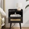 Nightstand,Boho Bedside Table,Black Night Stand with Rattan Decorated Drawers,Bedside Furniture, Wood End Table for Bedroom,Living Room,Natural