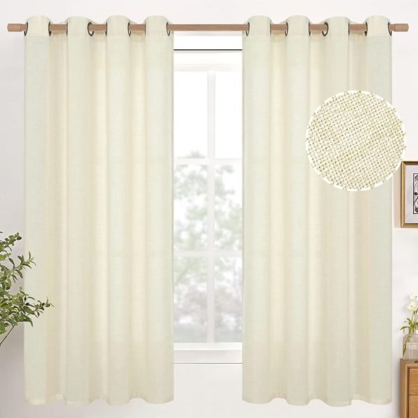Natural Linen Curtains 63 Inch Length 2 Panels Bronze Grommet Linen Textured Short Window Drapes Light Filtering for Living Room Bedroom, 52 X 63 Inch