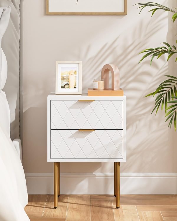 61y46RxlUIL._AC_SL1500 Nightstand with Charging Station,Small Bedside Table with Gold Frame,White Night Stand,Bedside Furniture,Side Table with Drawer and Shelf for Bedroom,Living Room,Stripe