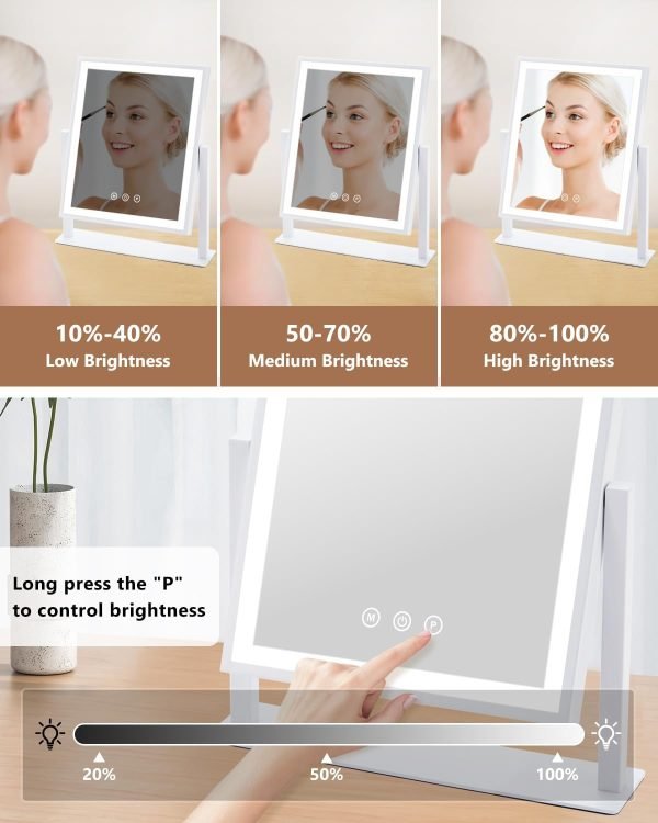 Vanity Mirror with Lights, Hollywood Makeup Mirror with Lights Phone Holder, Smart Touch Control, 3 Color Lighting Modes with Detachable 10x Magnification Mirror, 360°Rotation, White