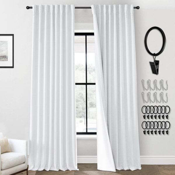 108 Inch Long Blackout Curtains & Drapes for Track System Pleated with Hooks Rings 2 Panels Set,Linen Black Out Back Tab 9FT Ceiling to Floor Length Curtains for Living Room,Cream Ivory