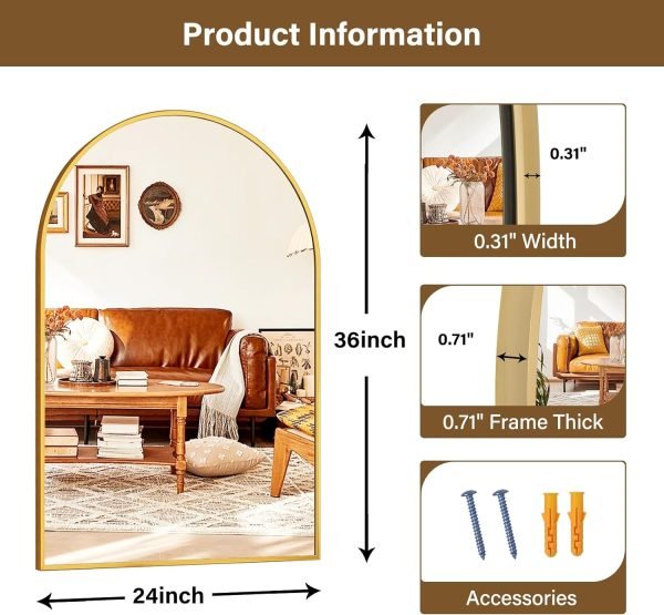 24"x36" Gold Arched Bathroom Mirror - Wall Mirror for Bathroom, Metal Frame Vanity Mirror, Dresser Mirror, Arch Decorative Mirrors for Living Room, Bedroom, Entryway, Mantle