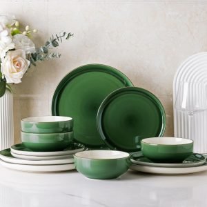 Ceramic Dinnerware Sets, 12 Pieces Emerald Green Stoneware Dinner Set, Plates and Bowls Sets, Dishwasher & Microwave Safe | Service for 4