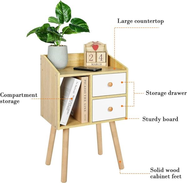 Small Nightstand, Bedside Table with 2 Drawers Mid Century Modern Nightstand Natural Wood End Table Side Table for Bedroom