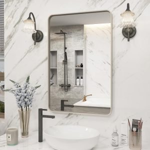 711DinjK8IL._AC_SL1500 20x30 Silver Bathroom Mirror, Silver Wall Mirror for Vanity, Brushed Metal Framed Rectangle Mirror, Anti-Rust, Brushed Nickel,Shatterproof, Round Corners(Horizontally/Vertically)