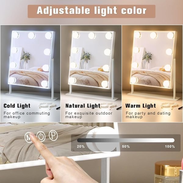 Vanity Mirror with Lights Hollywood Lighted Makeup Mirror with 9 Dimmable Bulbs & 3 Color Lighting Modes, Detachable 10X Magnification Mirror and 360 Degree Rotation(White)