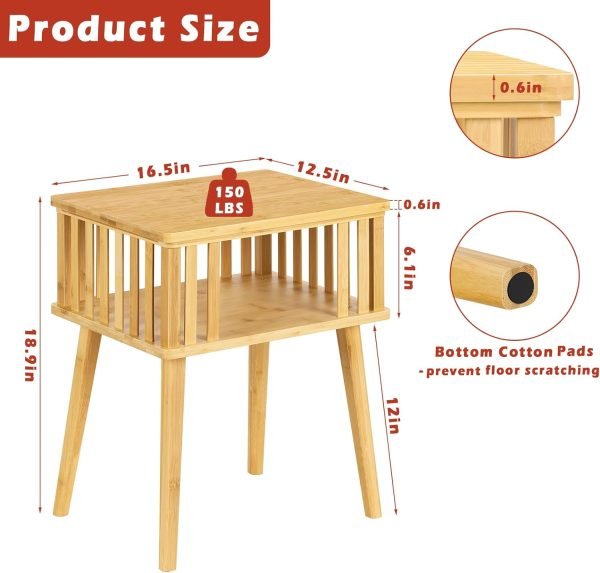 Bamboo Nightstand with Solid Legs Small Side Tables Mid Century Modern Bedside Table for Kids' Bedroom and Small Space, Natural