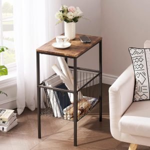 711kaf2ZJbL._AC_SL1500 Tall Side End Table,Nightstands Shelf Storage Organizer with Versatile Metal Basket for Telephone Entryway/Living Room/Bedroom/Kitchen,31" H, 1 Set, Rustic Brown