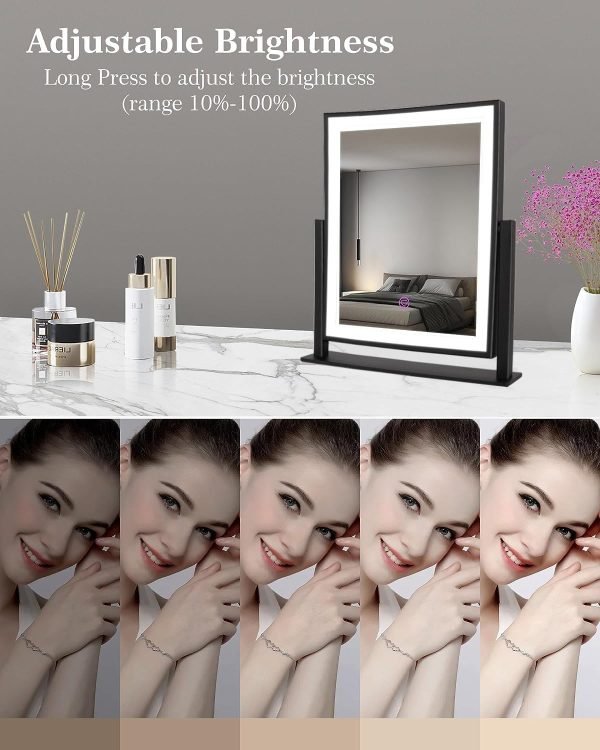 711oHKCvuFL._AC_SL1500 Classic Makeup Mirror with Lights, Lighted Vanity Mirror with Dimmable Light, Smart Control, Memory, Adjustable Warm White/Natural/Daylight, Birthday Wedding Gift, 360°Rotation (13in. Black)