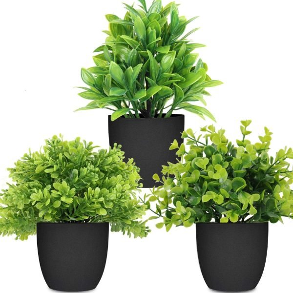 rtificial Potted Plants Mini Fake Plants in Pots, 4 Pack Medium Eucalyptus Potted Faux Decorative Grass Plant with White Plastic Pot for Home Decor, Indoor, Office, Desk, Table Decoration