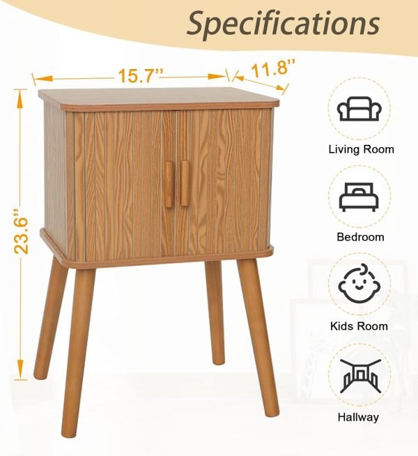 Mid Century Modern Nightstand, Bedside Table with Sliding Fluted Doors, End Tables Living Room with 2-Tier Storage Cabinet and Solid Wood Legs for Bedroom and Small Space, Brown