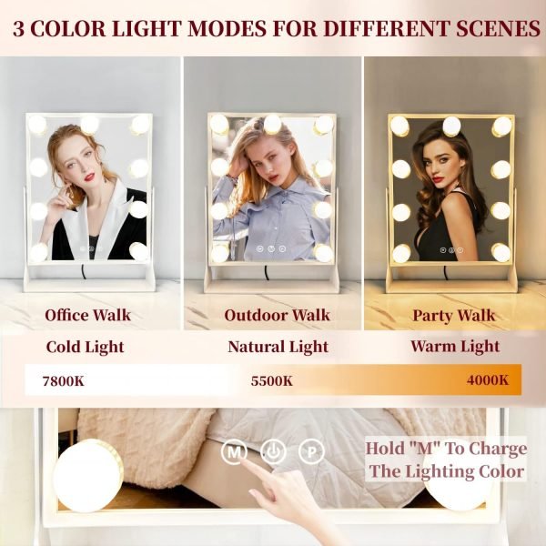 Vanity Mirror with Lights, Hollywood Lighted Makeup Mirror with 9 Dimmable LED Bulbs, 3 Color Lighting Modes, Detachable 10X Magnification, 360°Rotation,White