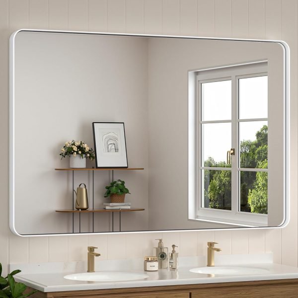 Black Metal Framed Bathroom Mirrors for Wall, 20 x 30 Inch Rounded Rectangle Bathroom Vanity Mirror, Matte Black Farmhouse Mirror with Seamless Frame, HD Tempered Glass(Horizontal/Vertical)