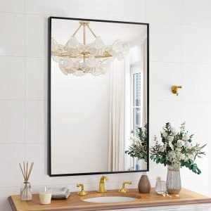 Black Bathroom Vanity Mirror for Wall, 16X24 Inch Aluminum Framed Wall Mirror Rectangle, Modern Square Corner Bathroom Vanity Mirror for Bedroom, Living Room, Hangs Horizontally or Vertically