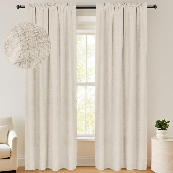 100% Blackout Shield Linen Blackout Curtains 84 Inches Long 2 Panels Set, Blackout Curtains for Bedroom, Thermal Insulated Rod Pocket Window Curtains & Drapes Living Room, 50W X 84L, Beige