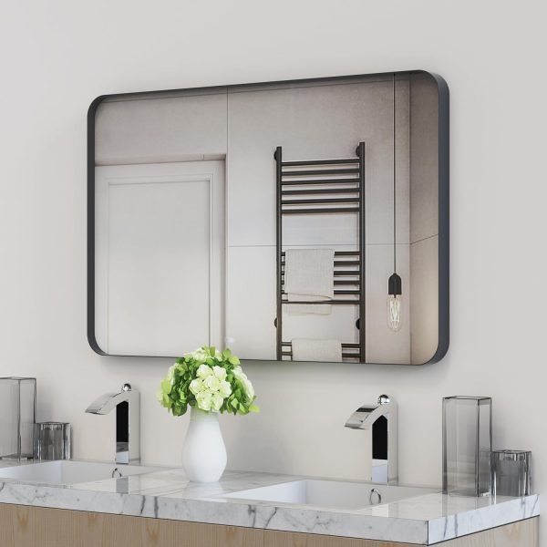 Black Bathroom Mirror for Wall, 24 x 36 Inch Rounded Rectangle Metal Framed Bathroom Wall Vanity Mirror Farmhouse, 1/4-inch Shatterproof Glass | Ultra-Flush Hanging