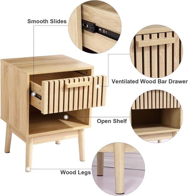 714s3Vsm3JL._AC_SL1500 Boho Nightstand, Small Side Table Night Stand with Drawer Open Shelf, Bedside End Table with Wood Strip Decorated Drawer for Bedroom, Living Room, Dorm and Small Spaces (Natural)