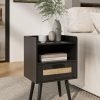 Nightstand,Boho Bedside Table,Black Night Stand with Rattan Decorated Drawers,Bedside Furniture, Wood End Table for Bedroom,Living Room,Natural
