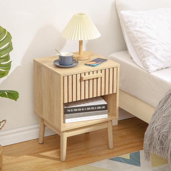 715qSUUwfeL._AC_SL1500 Boho Nightstand, Small Side Table Night Stand with Drawer Open Shelf, Bedside End Table with Wood Strip Decorated Drawer for Bedroom, Living Room, Dorm and Small Spaces (Natural)