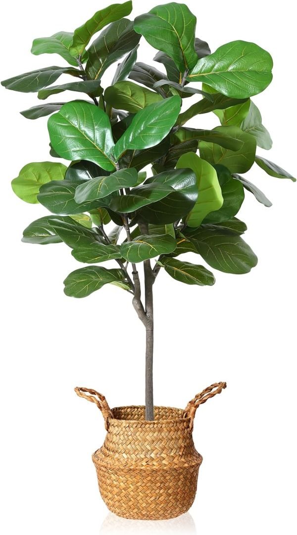 Artificial Fiddle Leaf Fig Tree 37" Fake Potted Ficus Lyrata Plant with Handmade Seagrass Basket, Perfect Faux Plants Home Décor for Indoor Outdoor Office Porch Balcony Bedroom Bathroom Gift